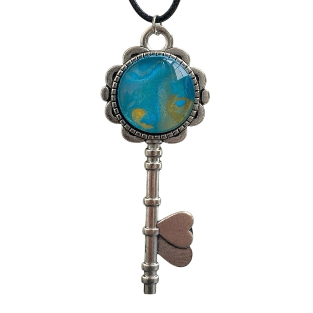 Hand Crafted Blue Gold Fluid Art Skeleton Key Pendant Necklace by Svetlana Yeung